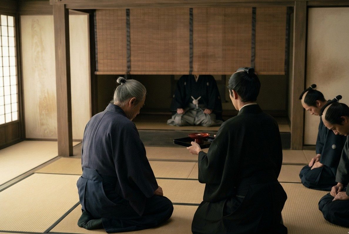 AI-generated illustration: an elderly scholar kneeling before a lord in a castle room