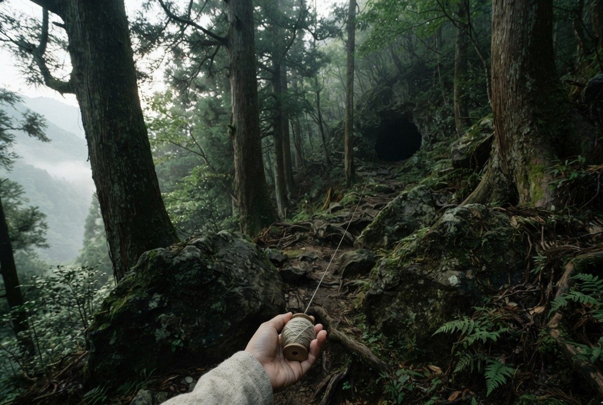 AI-generated illustration: a hand holding a ball of thread in a misty forest before a cave