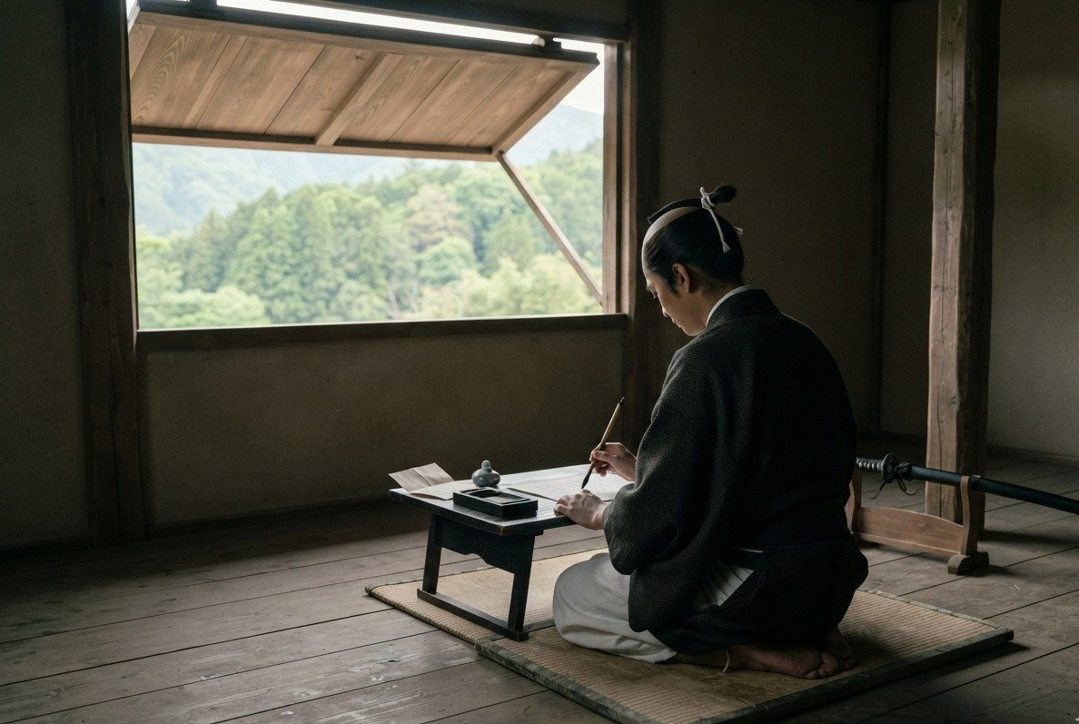 AI-generated illustration: a samurai writing a letter at a low desk