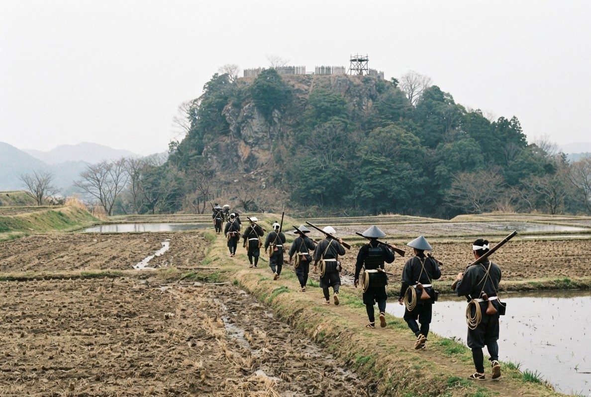 AI-generated illustration: matchlock gunners marching toward a rocky castle hill