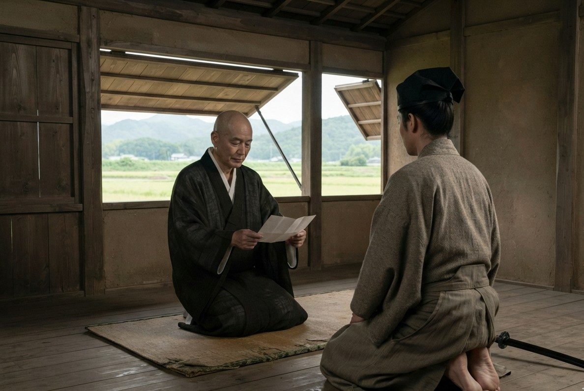 AI-generated illustration: a monk reading a document in a farmhouse