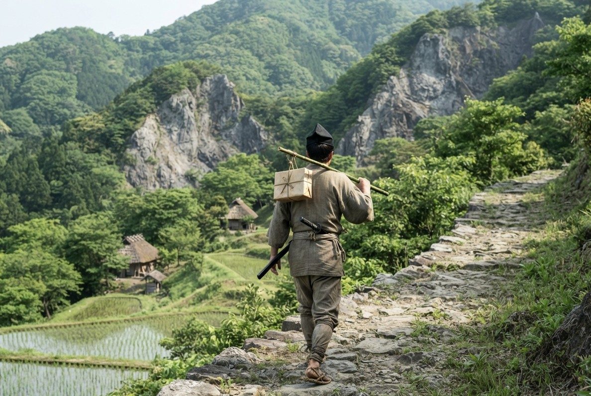 AI-generated illustration: a messenger walking a stone path through a rocky valley