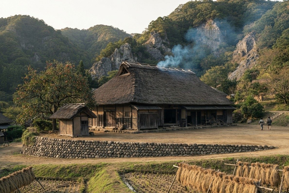 AI-generated illustration: a large thatched farmhouse below rocky cliffs