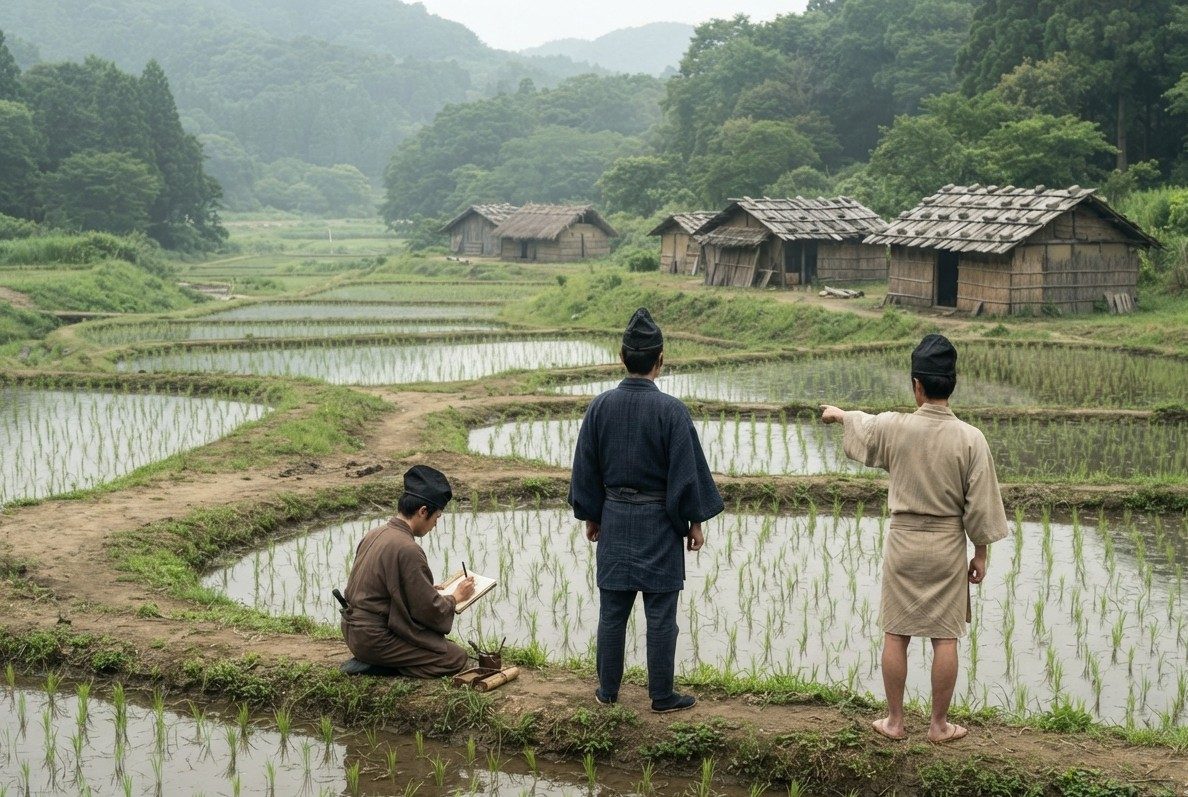AI-generated illustration: officials recording the size of rice paddies