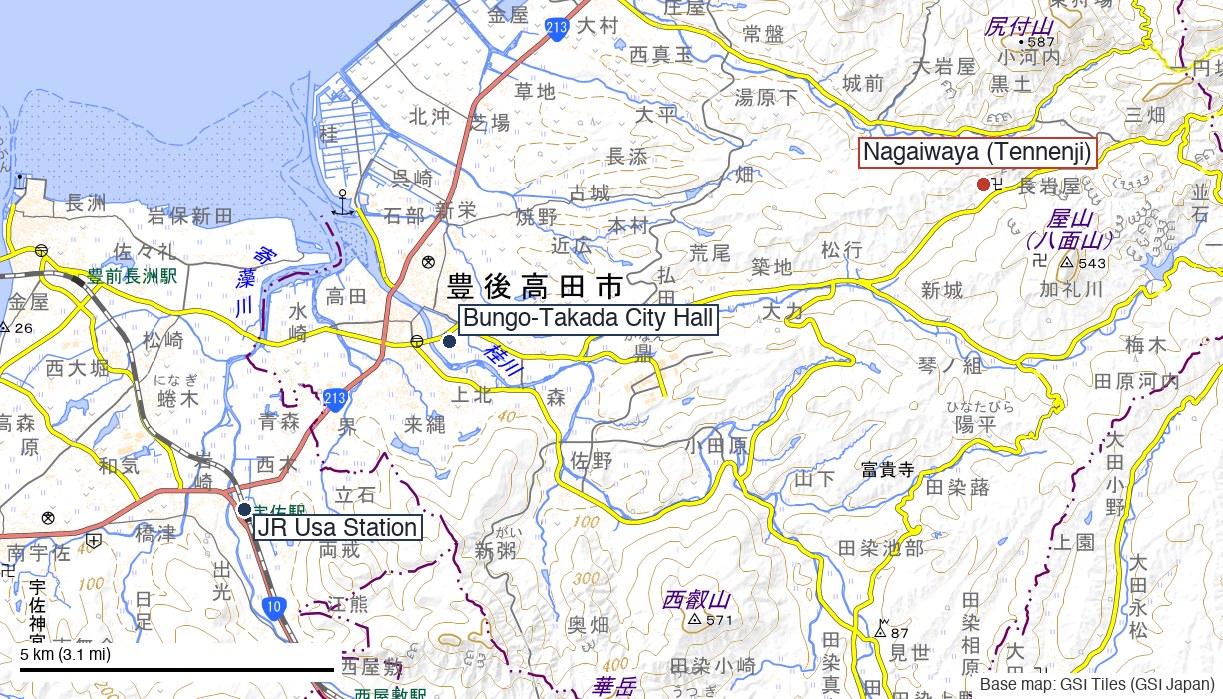 Map of the western Kunisaki Peninsula showing JR Usa Station, Bungo-Takada City Hall, and Nagaiwaya with its temple Tennenji to the east