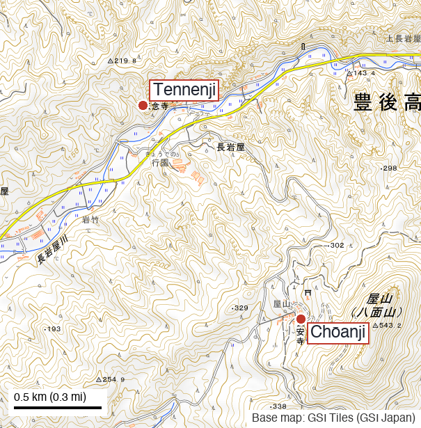 Close map of the Nagaiwaya valley, with Tennenji beside the river and Chōanji on the slope of Mount Yayama to the south