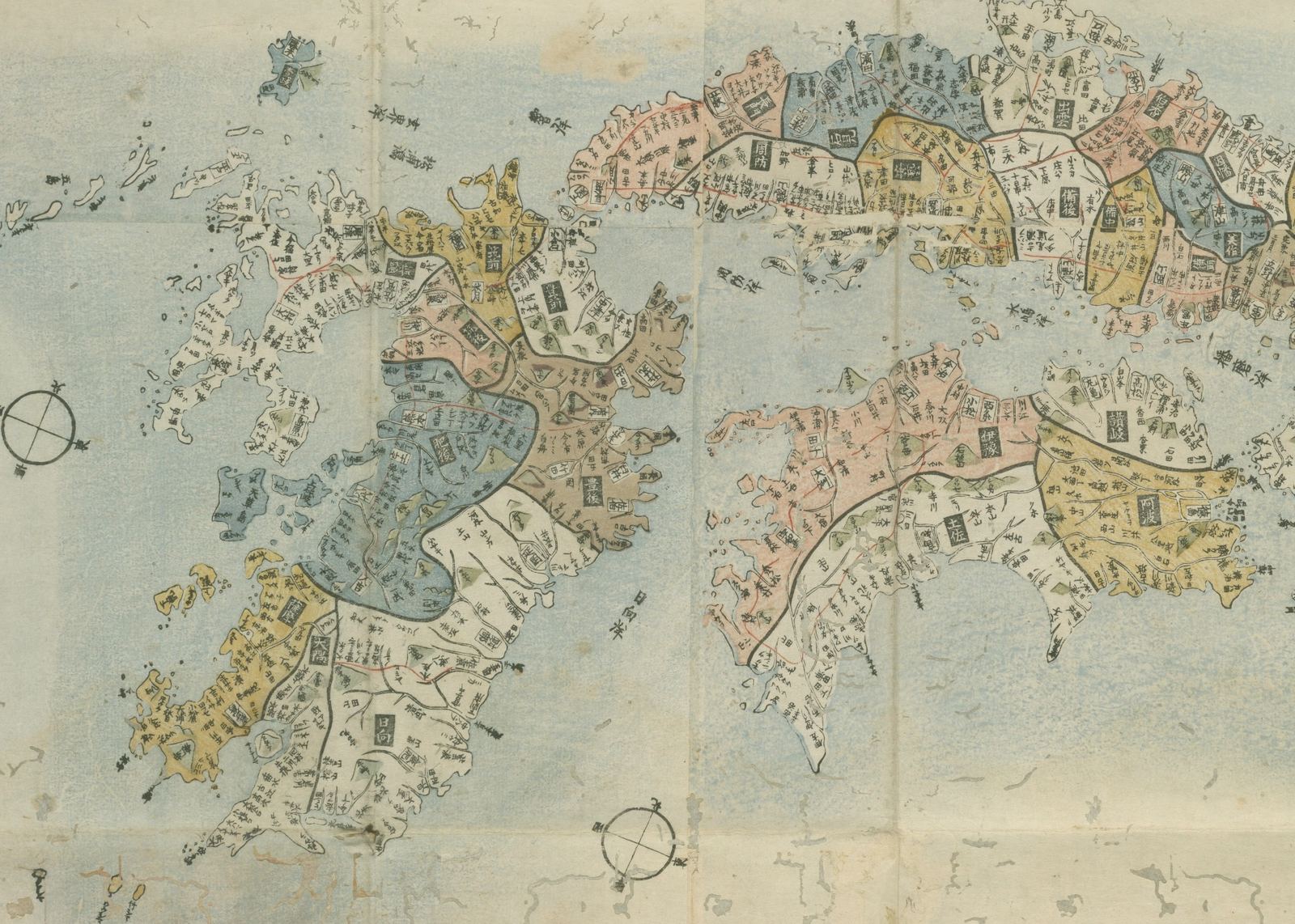 Part of an old color-printed map of Japan showing Kyushu, Shikoku and western Honshu, each old province shaded a different color